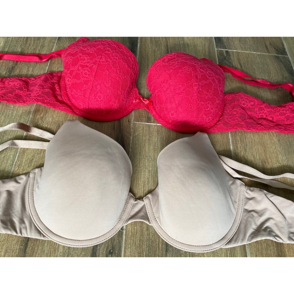 Victoria's Secret Bra 2 Pack T shirt Demi 36B Beige and Red Lace - Picture 2 of 6